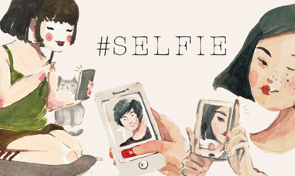 Cartoon image of two girls taking selfies with text overlay of #selfie