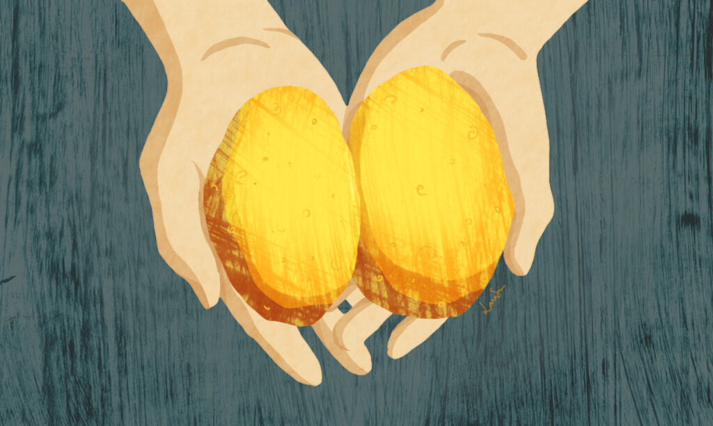 Person holding two potatoes, one in each hand
