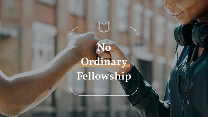 Two hands fistbumping with a text overlay of No Ordinary Fellowship, a Phillipians bible reading plan