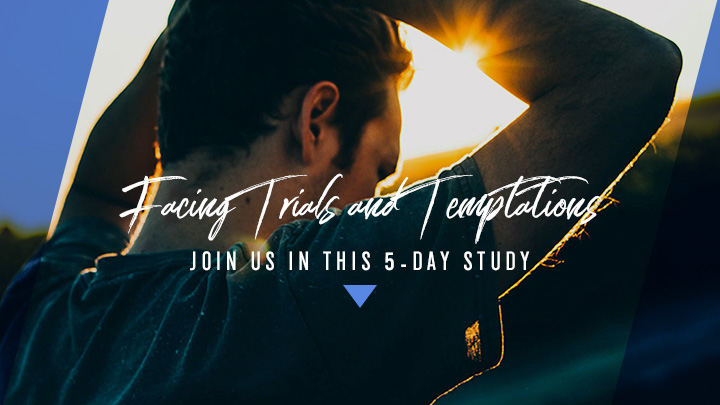 Man with his hands on his head with a text overlay, Facing Trials and Temptations, Join Us in this 5-Day Study, a reading plan