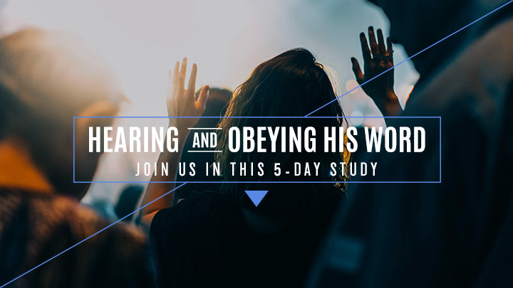 Concert crowd with their hands up with a text overlay of Hearing and Obeying His Word, Join Us in this 5-Day Study, a reading plan