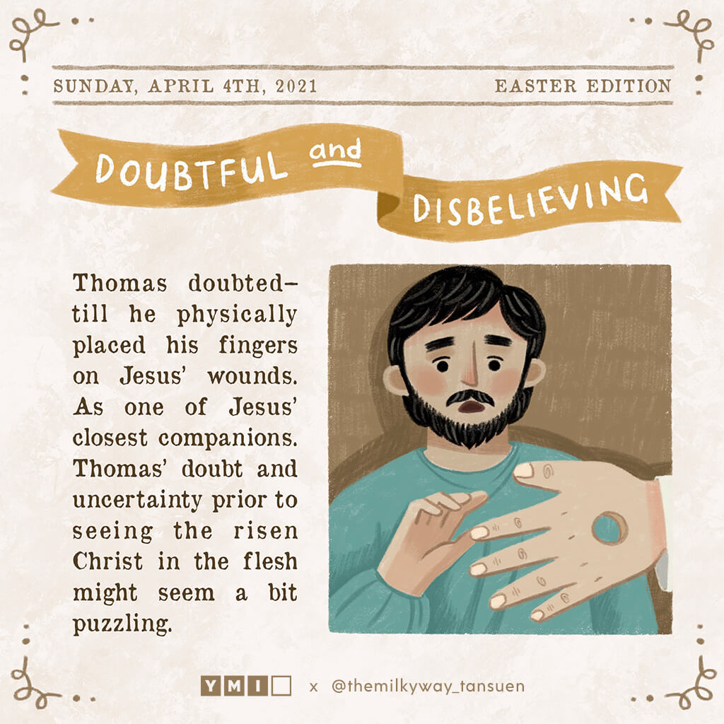 newspaper article Thomas doubting and disbelieving with Jesus pierced hands