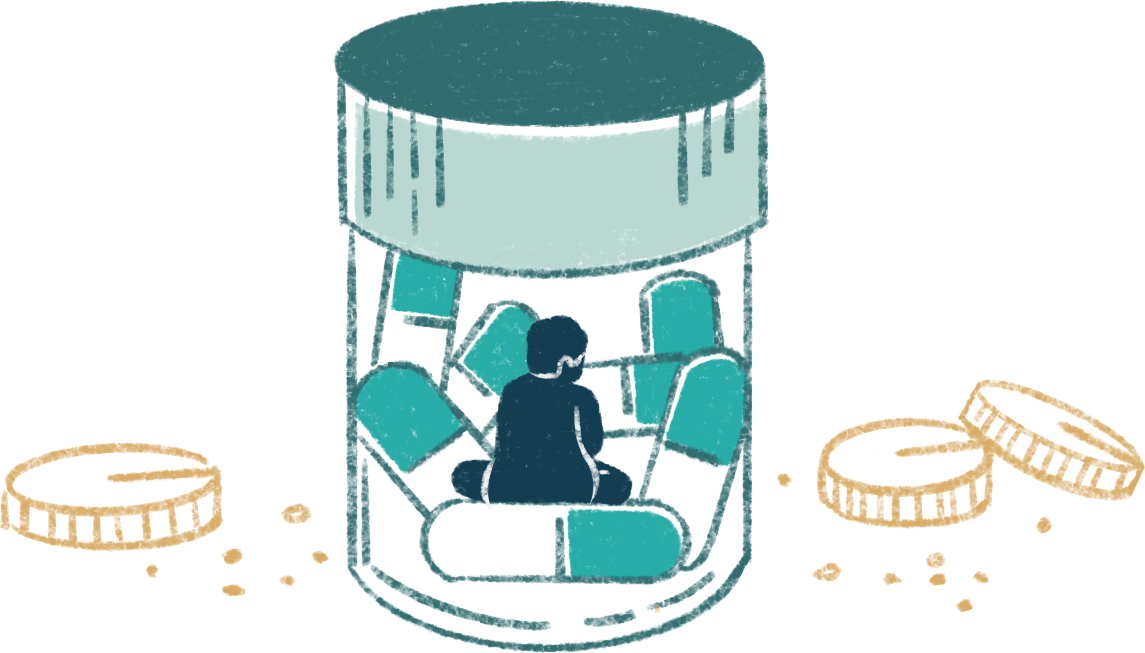 illustration of a kid in a bottle and lot of drugs