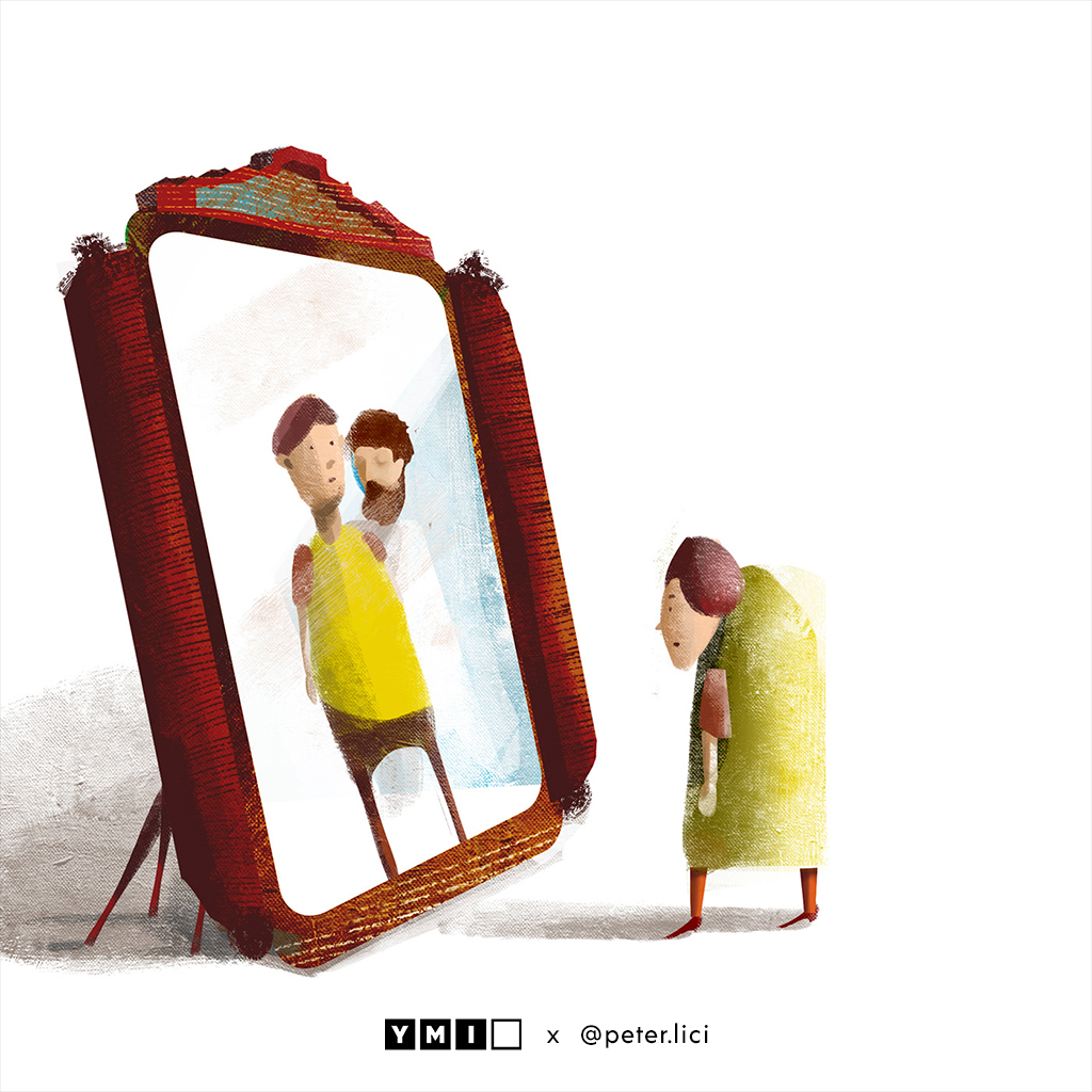 image of a older man looking at himself in the mirror with a younger reflection of himself and Jesus beside him
