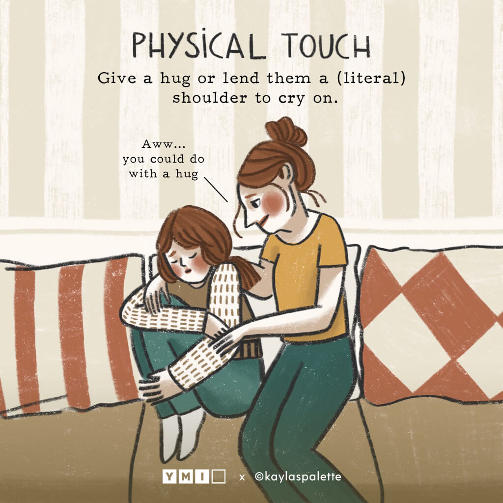 Image of sister consoling her sister with text physical touch on the top
