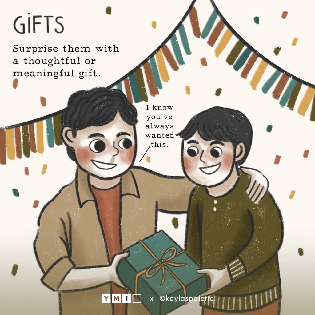 Image of older brother giving a gift to younger brother with text Gift on the top