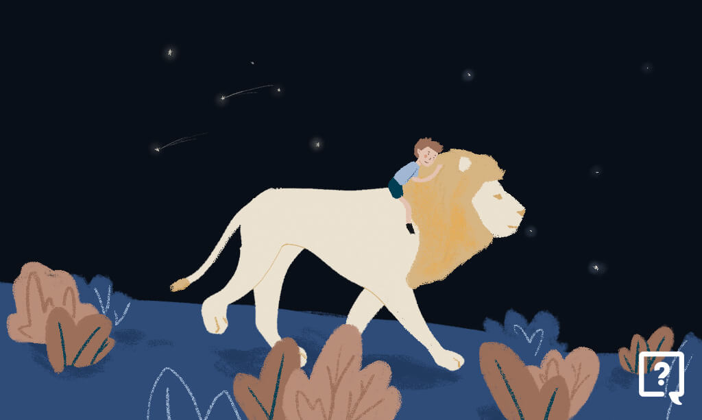 image of a boy and a lion at night