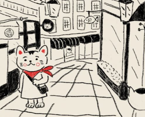 Illustration of a cat walking on a shopping street