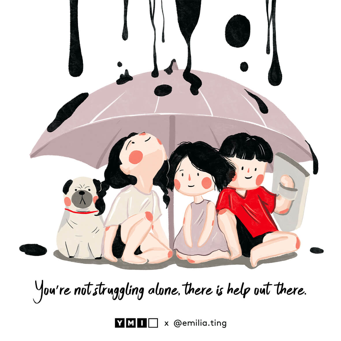 Image of 3 children and a dog shielding under an umbrella from a monster