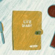 An illustration of a diary, coffee cup, handphone, pen and plant on a table